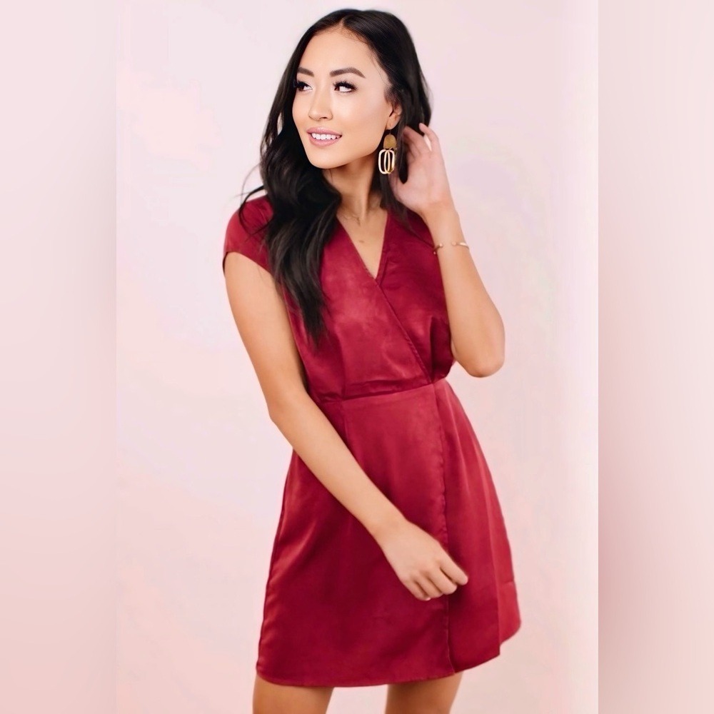 Bohme Satin Wrap Mini Dress in Marsala | Medium